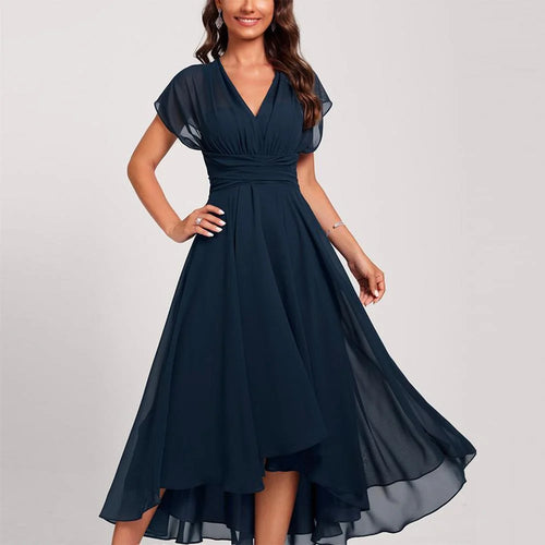 Blaue Midi-Kleid mit Kurzen Ärmeln und Gekrümmter Taille