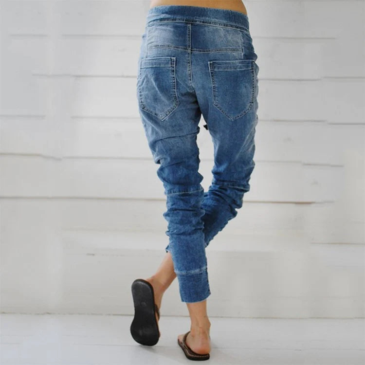 Damen lässige Denim-Haremshose mit Gummizug und tiefem Schritt