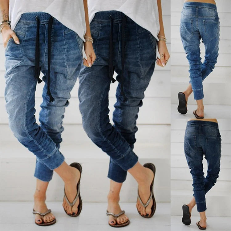 Damen lässige Denim-Haremshose mit Gummizug und tiefem Schritt
