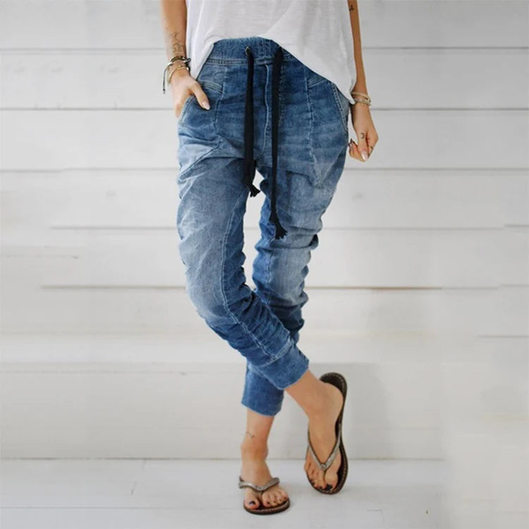 Damen lässige Denim-Haremshose mit Gummizug und tiefem Schritt