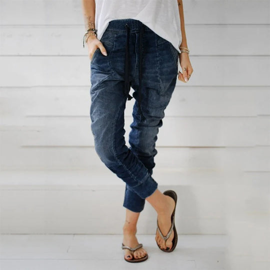 Damen lässige Denim-Haremshose mit Gummizug und tiefem Schritt