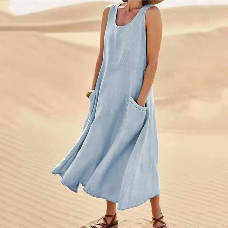 Leinen-Baumwoll-Ärmelloses Kleid für Frauen