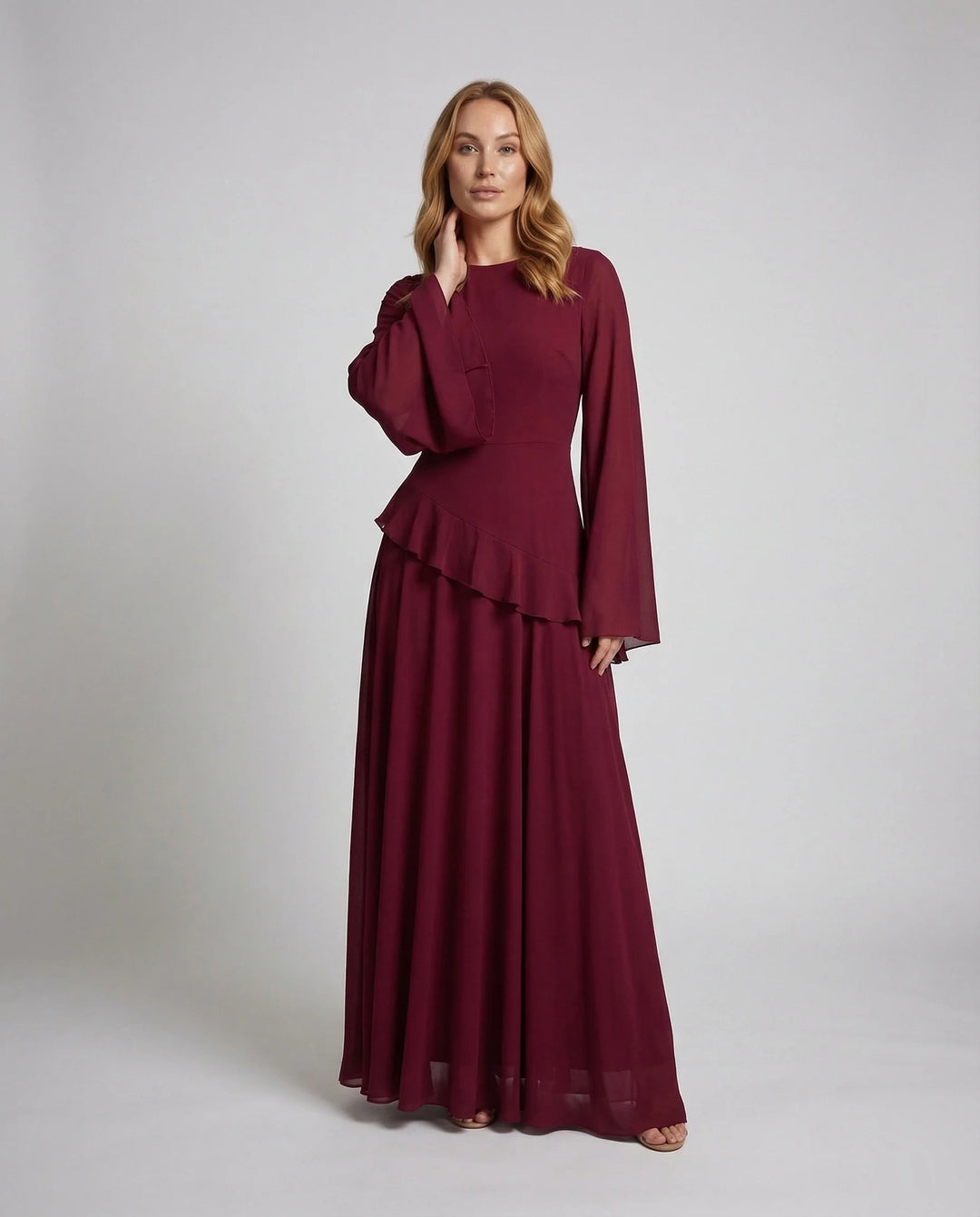 Damen Gala-Maxikleid Glockenärmel Stufenrock