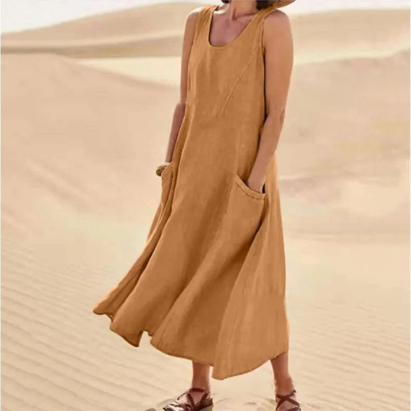 Leinen-Baumwoll-Ärmelloses Kleid für Frauen