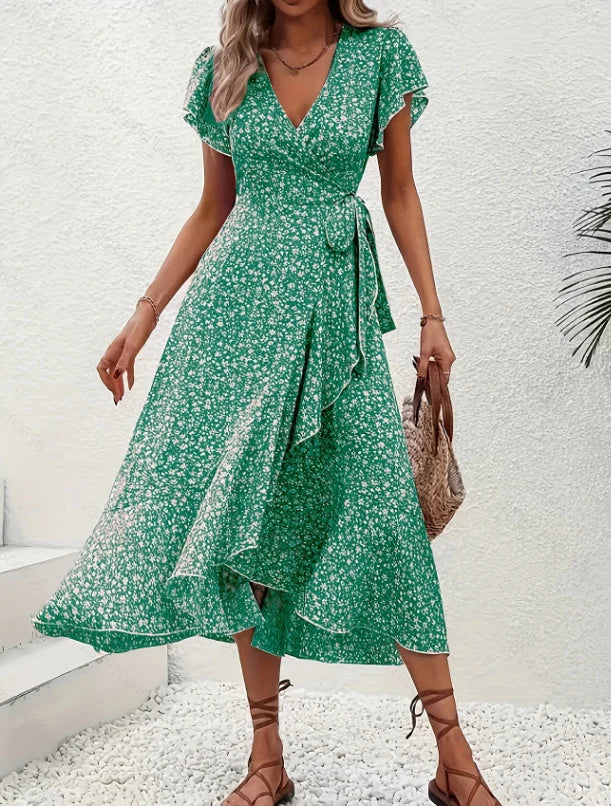 Kleid mit V-Ausschnitt und fließendem Saum