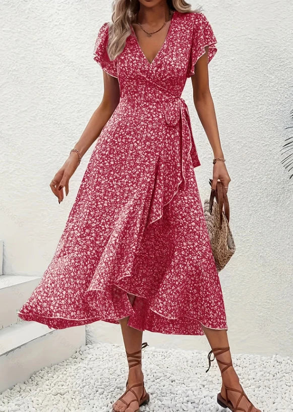 Kleid mit V-Ausschnitt und fließendem Saum