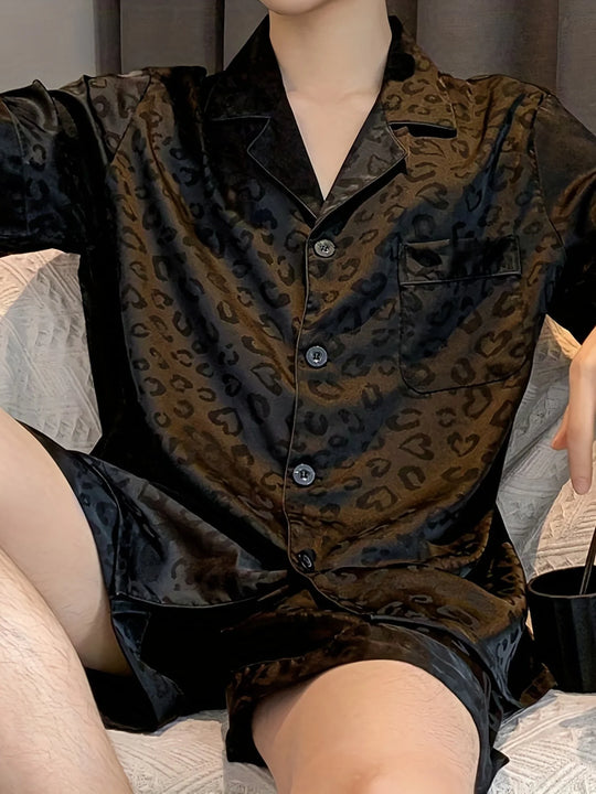 Herren Sommer Eis Seide Pyjama Satz mit Blumen und Blättern Druck