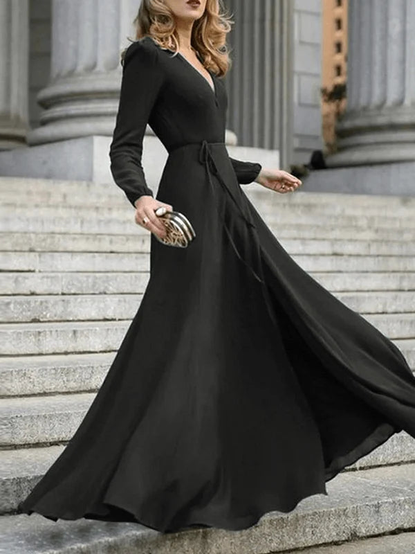 langes, fließendes Kleid, Schleife, Gürtel, V-Ausschnitt, lange Ärmel, für Damen, elegante Abend- und Abschlussballzeremonie