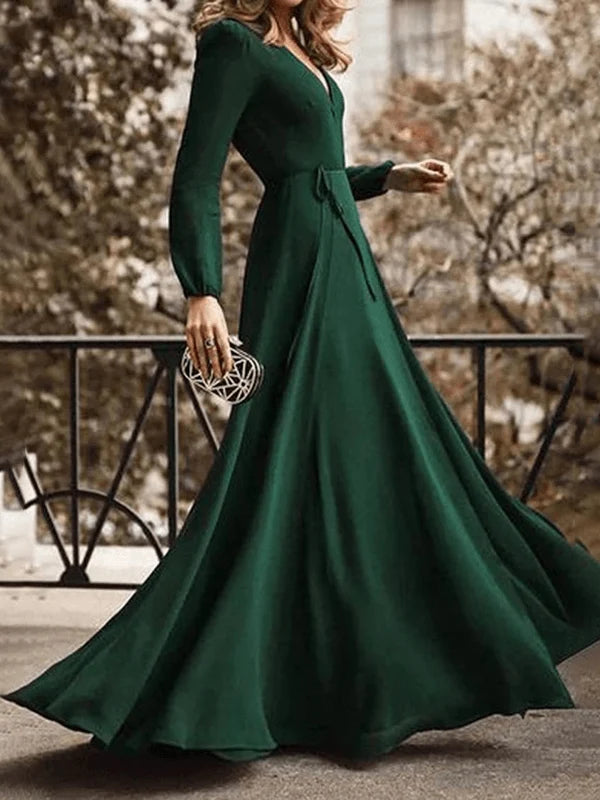 langes, fließendes Kleid, Schleife, Gürtel, V-Ausschnitt, lange Ärmel, für Damen, elegante Abend- und Abschlussballzeremonie
