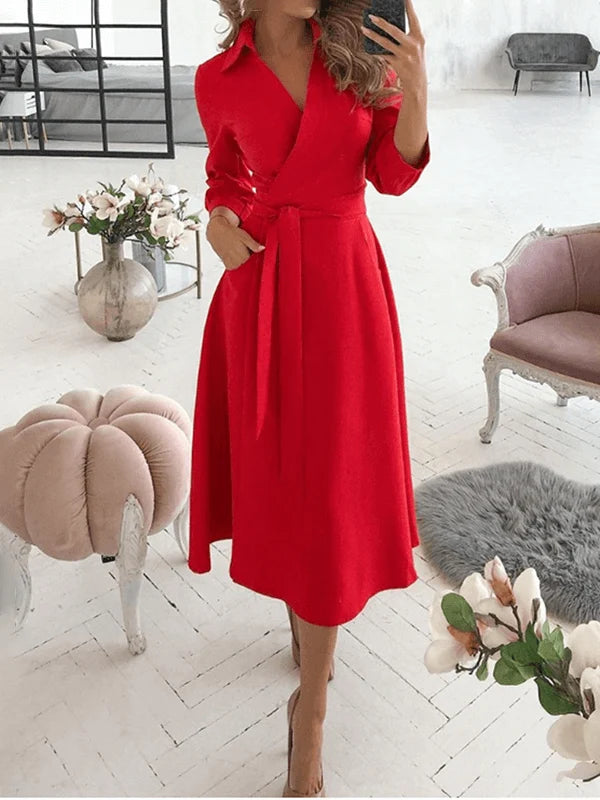 Mittellange Bluse, A-Linien-Kleid, geteilt, fließende Schleifentaschen, V-Ausschnitt, Reverskragen, lange Ärmel, elegante Mode, Party