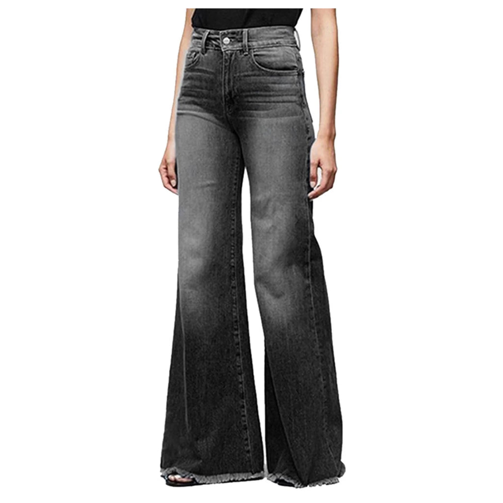 Damen Weite Schlagjeans mit fransigem Saum