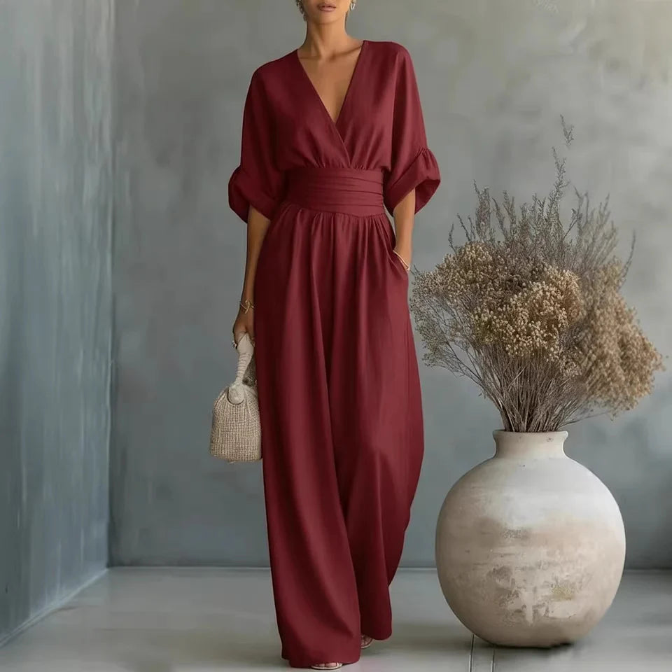 Eleganter Ärmelloser Jumpsuit mit Tiefem V-Ausschnitt, Taillenbund und Weitem Bein