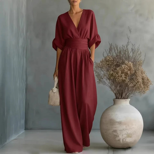 Eleganter Ärmelloser Jumpsuit mit Tiefem V-Ausschnitt, Taillenbund und Weitem Bein