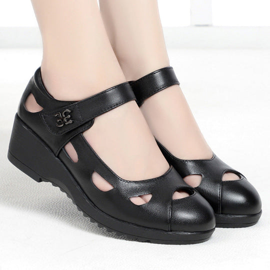Zapatos para mamá – piel genuina, tacón de cuña, punta redonda