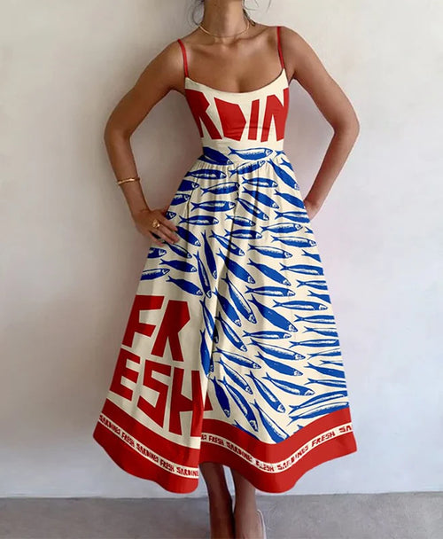 Damen Midi-Kleid mit auffälligem Grafikdruck und schwingendem Rock