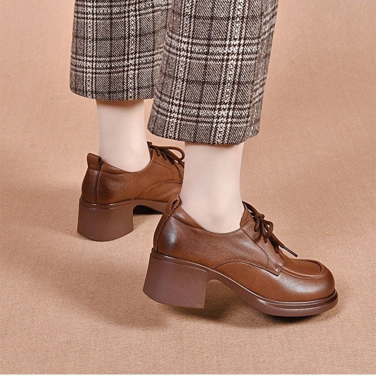 Zapatos de piel genuina con punta redonda y tacón medio