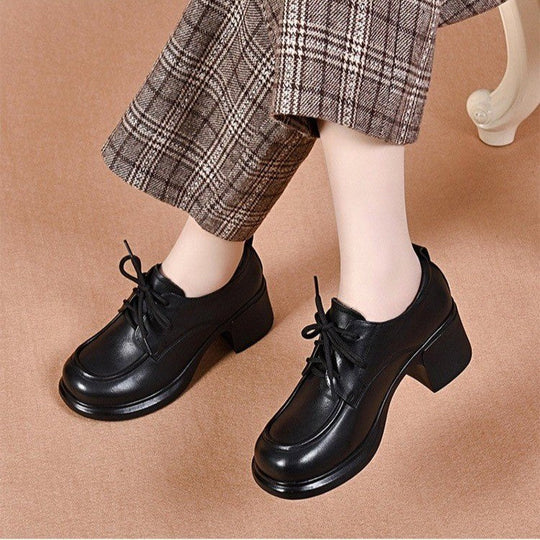 Zapatos de piel genuina con punta redonda y tacón medio