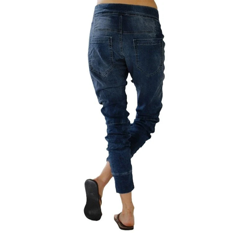 Damen lässige Denim-Haremshose mit Gummizug und tiefem Schritt