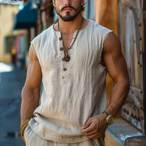 Herren lässiges Leinen Tanktop mit Knopfleiste und Fransen