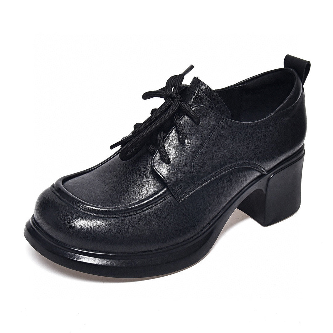 Zapatos de piel genuina con punta redonda y tacón medio