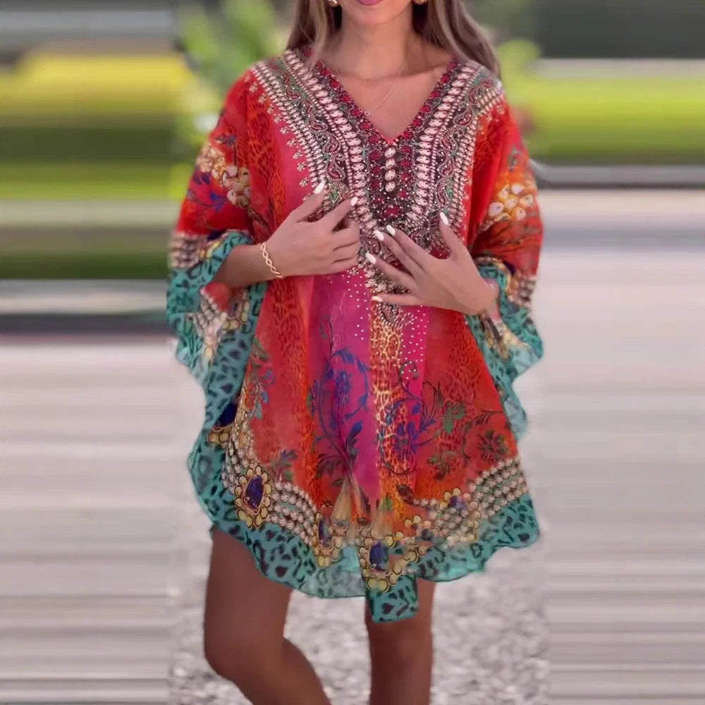 Damen Strandkleid Im Farbenfrohen Boho-Stil mit Verspieltem Design und Tiefem V-Ausschnitt