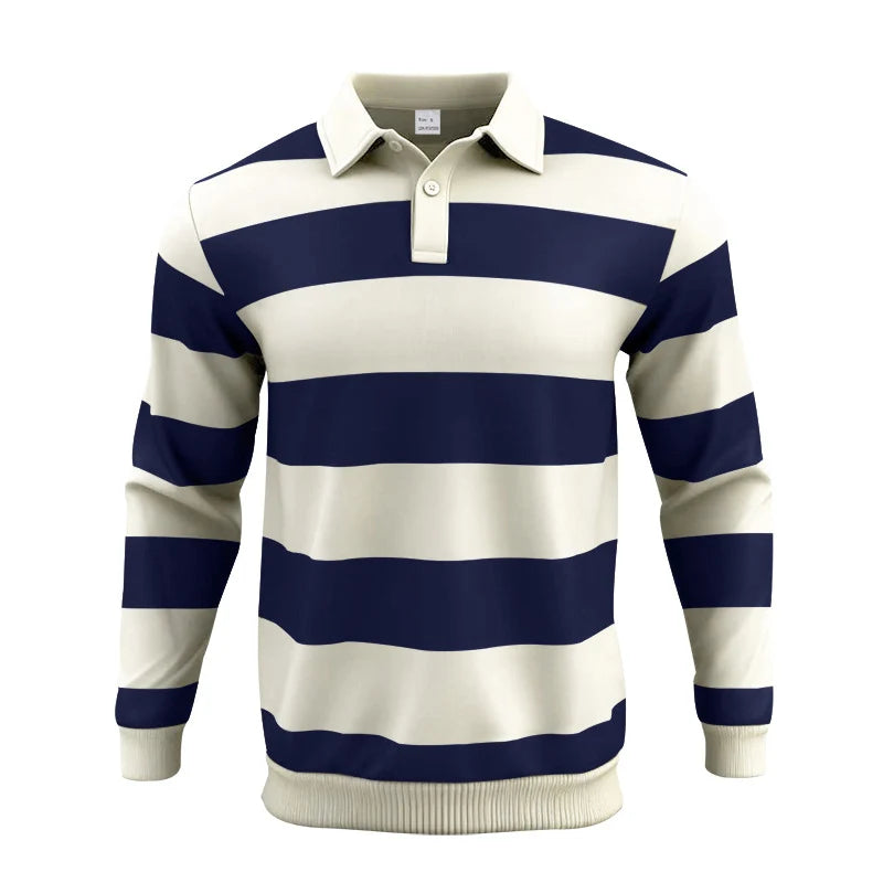 Herren nan gestreiftes Rugby-Poloshirt aus Baumwollmischung mit kurzer Knopfleiste und Rippbündchen