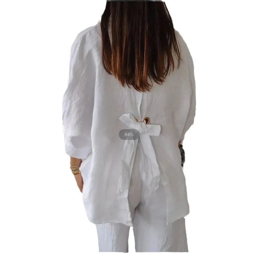 Damen Leichte und luftige Bluse aus reinem Leinen mit Knopfleiste und breiten Ärmeln
