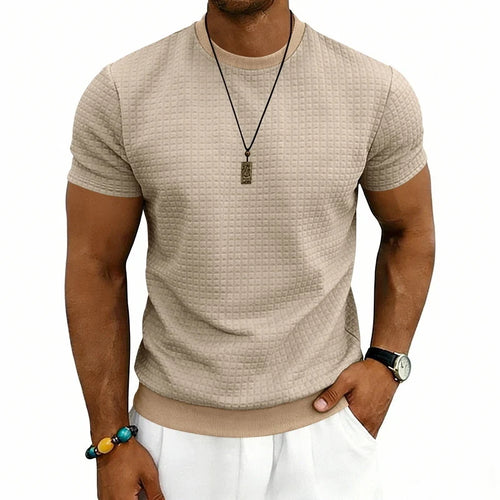 Herren lässiges Waffelstrick-T-Shirt mit Rundhalsausschnitt