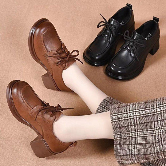 Zapatos de piel genuina con punta redonda y tacón medio