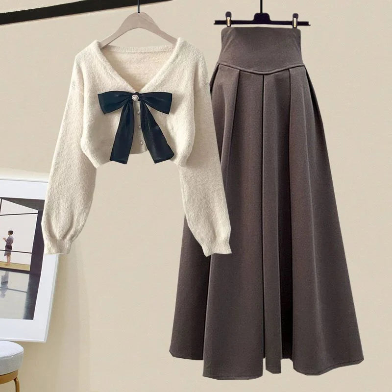 Schickes Herbst Strickpullover & Plissee Rock Set für Damen