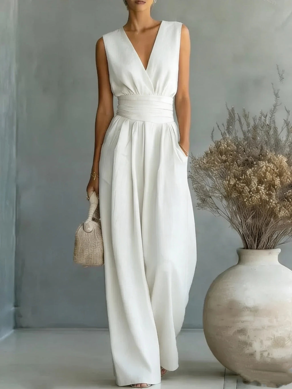 Eleganter Ärmelloser Jumpsuit mit Tiefem V-Ausschnitt, Taillenbund und Weitem Bein