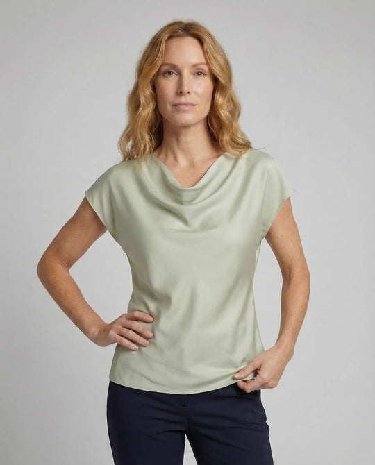 Damen Satinbluse Wasserfallkragen