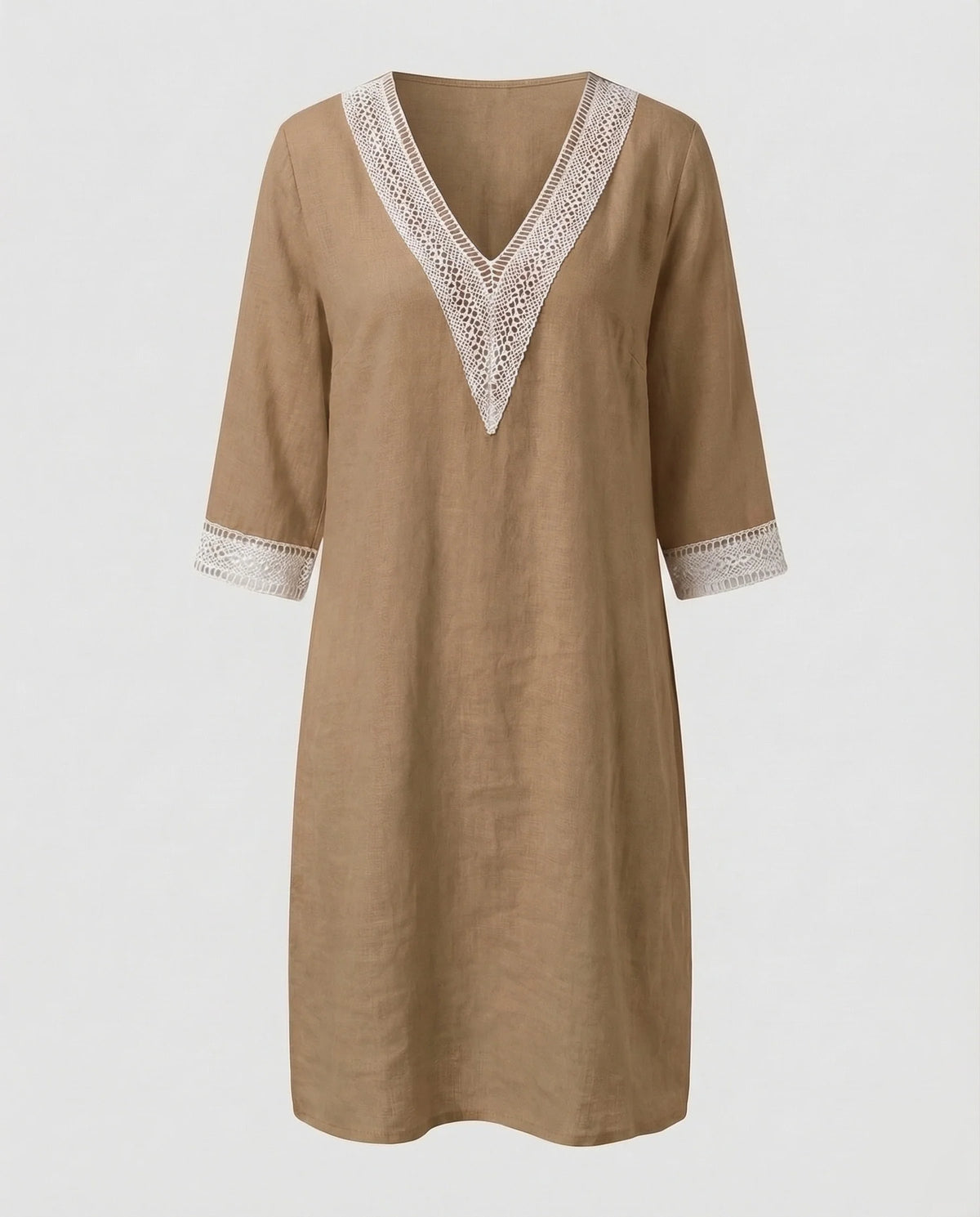 Damen Leinen-Midikleid Gehäkelte Spitzenpasse