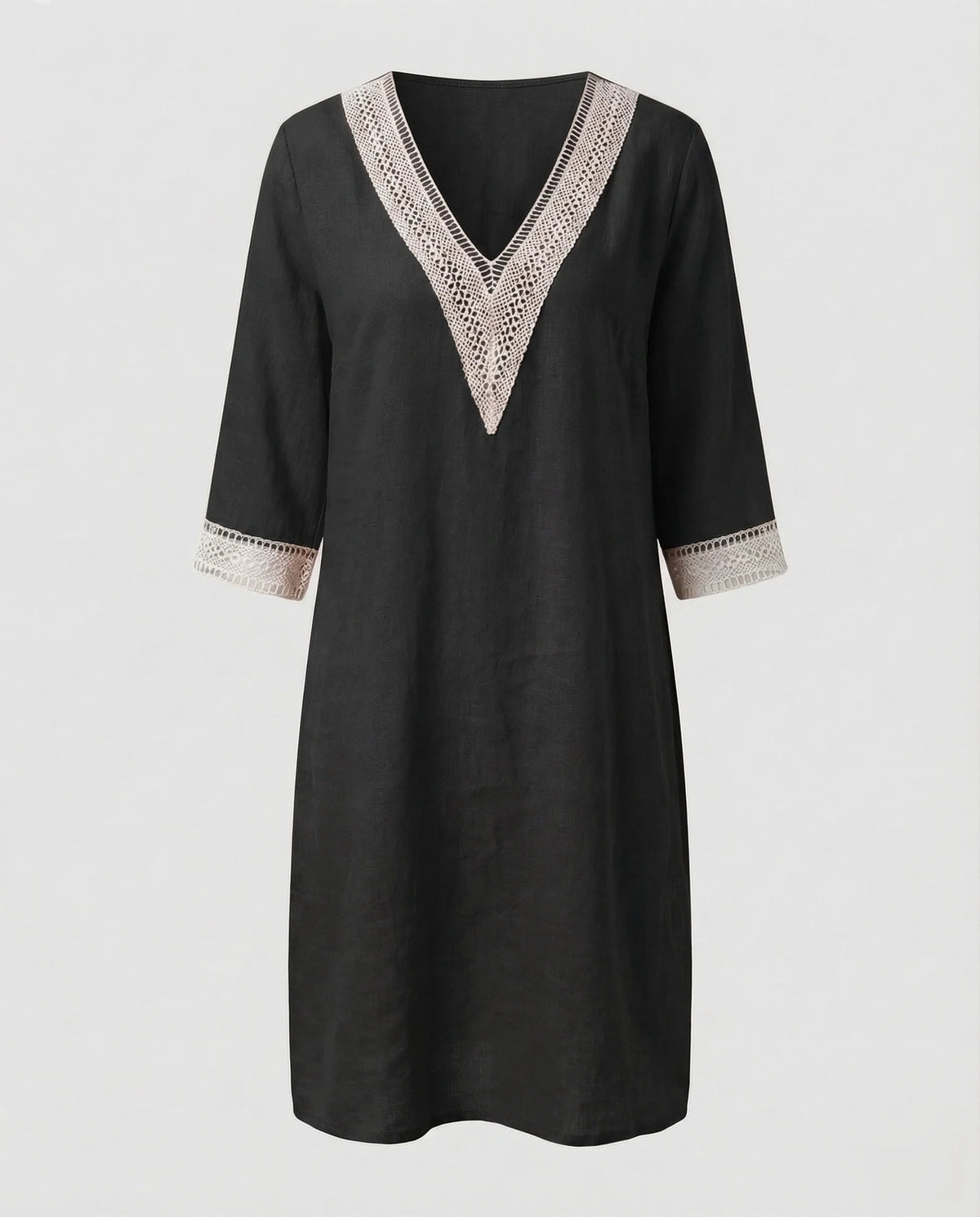 Damen Leinen-Midikleid Gehäkelte Spitzenpasse