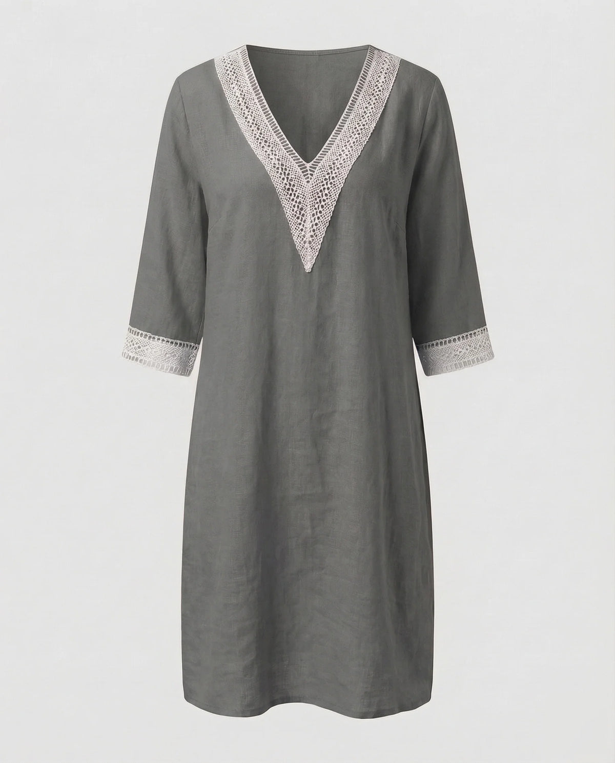 Damen Leinen-Midikleid Gehäkelte Spitzenpasse