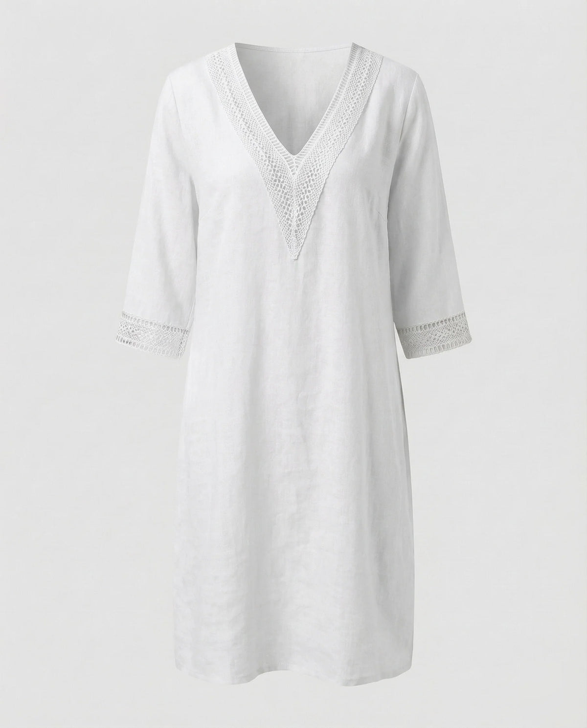 Damen Leinen-Midikleid Gehäkelte Spitzenpasse