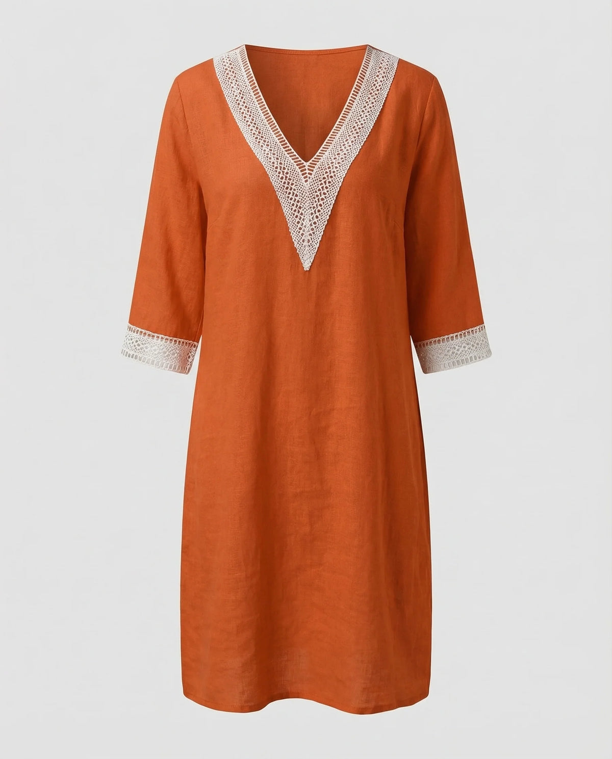Damen Leinen-Midikleid Gehäkelte Spitzenpasse