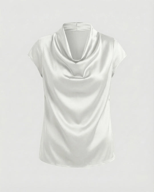 Damen Satin Wasserfallkragen Cap-Ärmelbluse