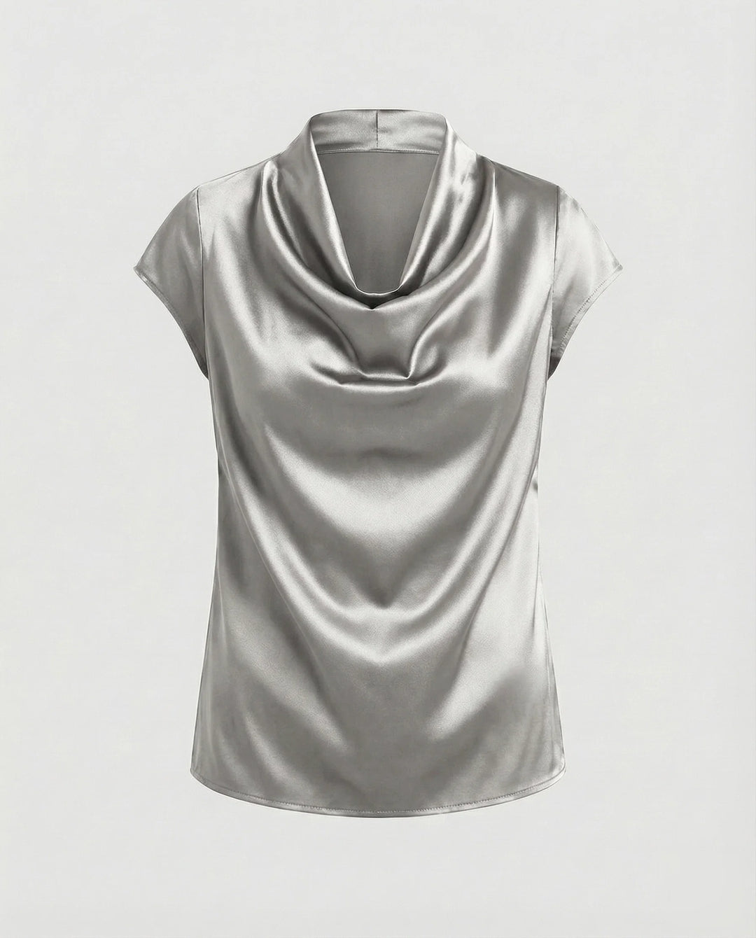 Damen Satin Wasserfallkragen Cap-Ärmelbluse