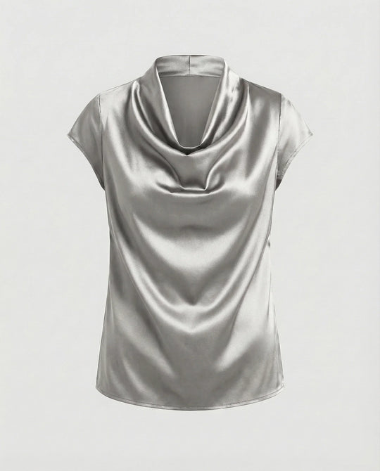 Damen Satin Wasserfallkragen Cap-Ärmelbluse