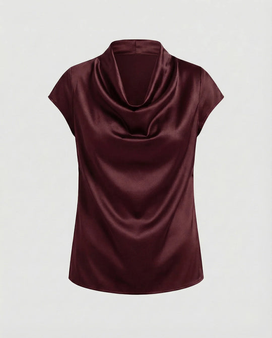 Damen Satin Wasserfallkragen Cap-Ärmelbluse