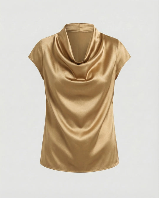 Damen Satin Wasserfallkragen Cap-Ärmelbluse