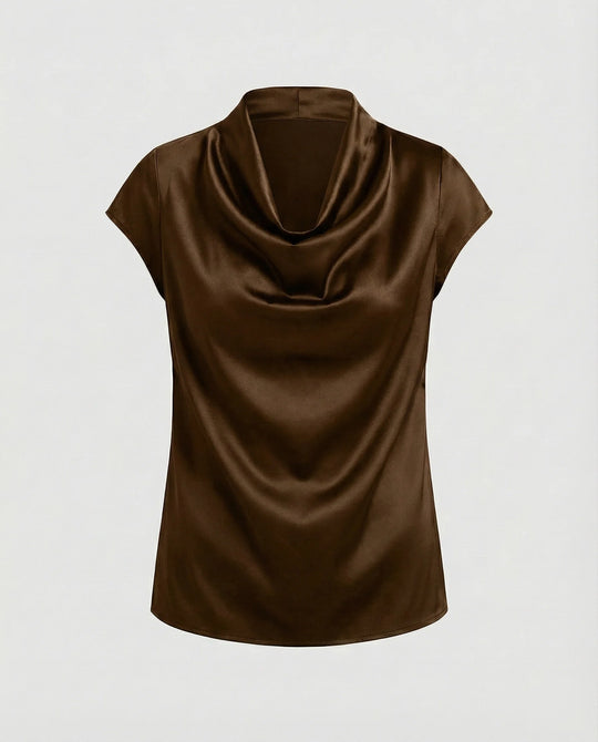 Damen Satin Wasserfallkragen Cap-Ärmelbluse