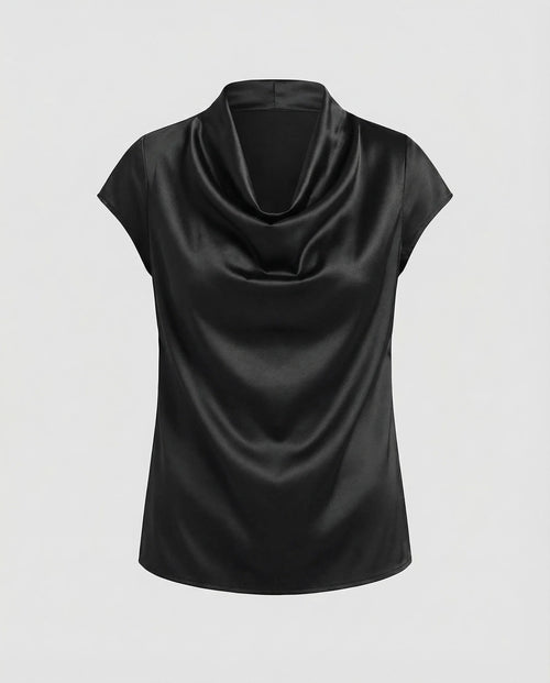 Damen Satin Wasserfallkragen Cap-Ärmelbluse