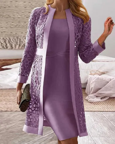 Damen Spitz Strickjacke Kleid 2 Teil Set