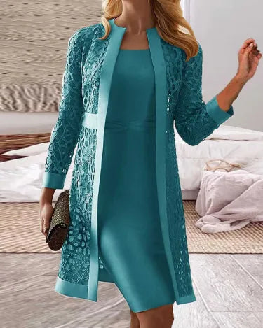 Damen Spitz Strickjacke Kleid 2 Teil Set