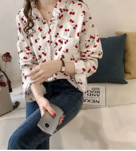 Mode Damenbluse Mit Kirschenprint