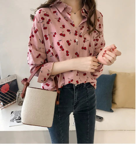 Mode Damenbluse Mit Kirschenprint
